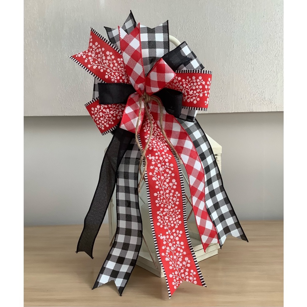 Red & Black Xmas Checker Bow, Wreath Bow, Wreath Accent, Lantern Bow, & Xmas Bow